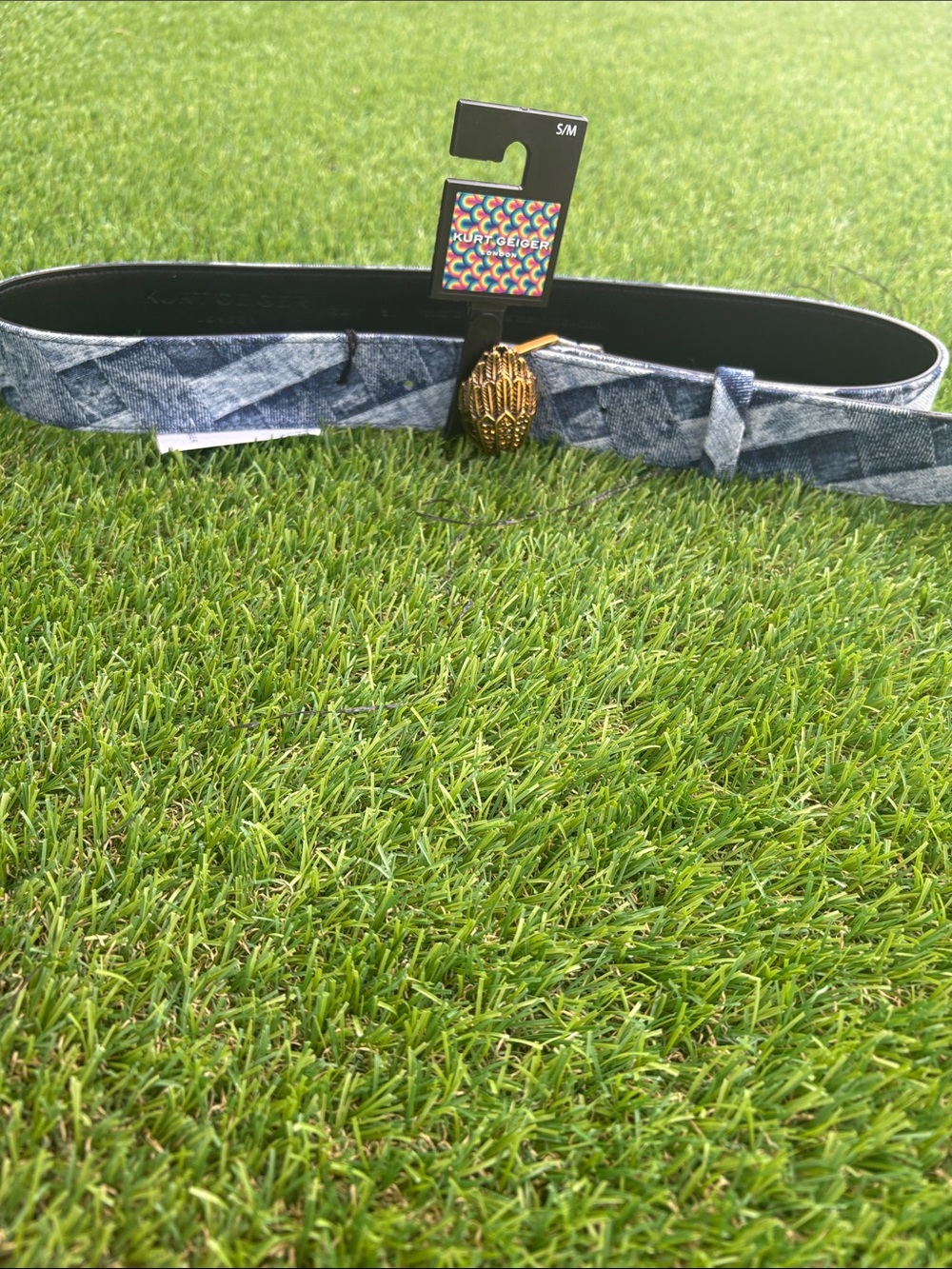 Kurt Geiger Denim-Kensington  Belt with Gold Accent Eagle Buckle